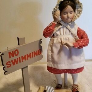 86' Norman Rockwell Porcelain "No Swimming" Doll w/Stand~Never Taken Out of Box